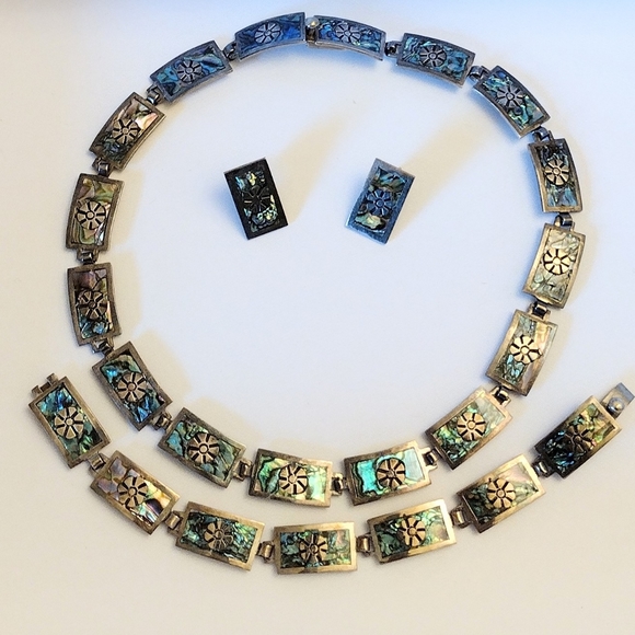 Sterling Silver Abalone Necklace Bracelet Earrings Taxco Mexico 925 MR TR-114 - Picture 1 of 11
